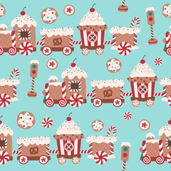 Christmas gingerbread train biscuit, sweet desserts seamless pattern for fabric, linen, textiles and wallpaper