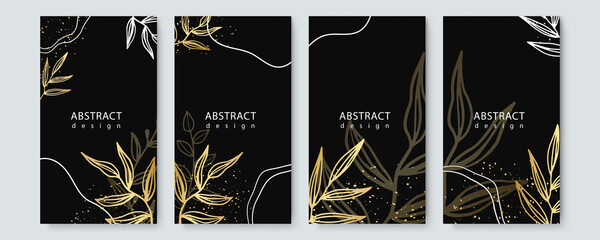 Modern Abstract Botanical Organic Art Illustration. Set of golden line painting wall art for house decoration. Luxury Minimalistic canvas background design. Vector wall art plants in boho style.