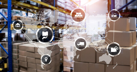 Smart warehouse management system with innovative internet of things technology to identify package picking and delivery . Future concept of supply chain and logistic network business .