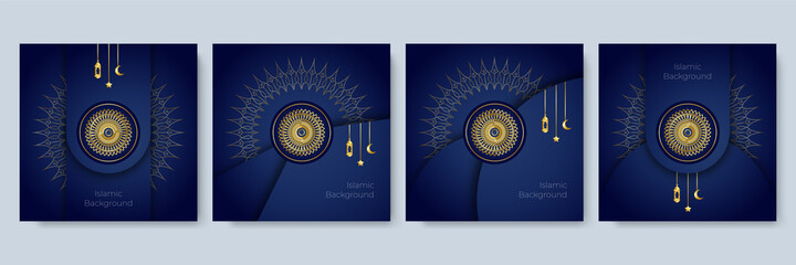 Universal blue black gold islamic celebrate cards set. Ramadan islamic holiday invitations templates collection with gold crescent moon, hand drawn lettering and mosque. Vector illustration.