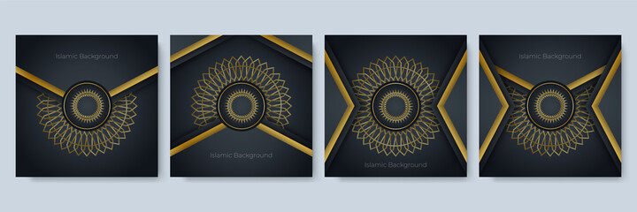 Ramadan Kareem celebrate cards set. Ramadan islamic holiday invitations templates collection with gold crescent moon, hand drawn lettering and mosque. Vector illustration.