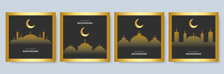 Set of stylish golden mosque design islamic square banner. Blank islamic background with mosque for square post social media template. Beautiful banner ramadan kareem with moon, crescent, stars