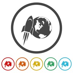 Rocket orbiting planet earth ring icon