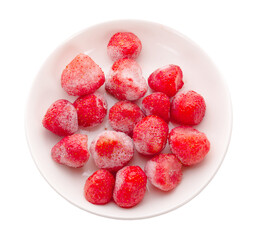 Frozen strawberries on the dish. Top view