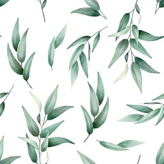 Green leaves watercolor seamless pattern