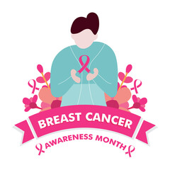 breast cancer awareness month design. women hold breast cancer pink ribbon illustration