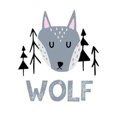 Hand-drawn childish illustration of a gray wolf. Wolf among the trees. Illustration for prints, postcards.