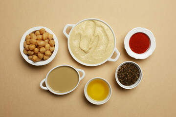 Hummus, spices, ingredients food styling 