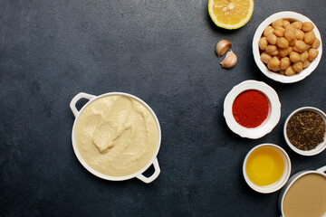 Hummus, spices, ingredients food styling 