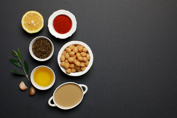 Fototapeta na wymiar Hummus, spices, ingredients food styling 