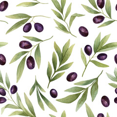 Delicate watercolor seamless pattern with olive tree branches and olives fruits on white background, ideal for textile design, fabrics, wallpaper, scrapbooking, packaging, wrapping, paper printing