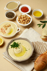Hummus, bread and ingredients, food styling 