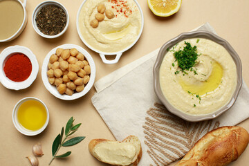 Hummus, bread and ingredients, food styling 