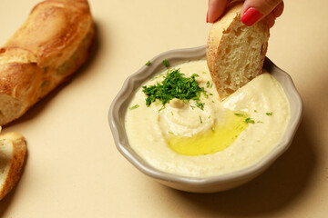 Hummus, bread and ingredients, food styling 