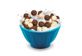 Breakfast cereals isolated on white background with clipping path. Cornflakes in milk. Glass bowls with toasted cereal breakfasts. 
Vanilla, chocolate, fruit balls.