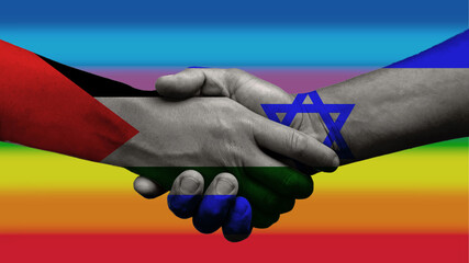 Israel and palestine shake hands for future peace, peace flag in the background