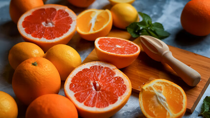       Top view of whole and cut citrus fruits, fruits: orange, lemon, grapefruit. Decorated with pieces of mint. On a marbled gray background. Wooden juicer and a board with juice drops.     