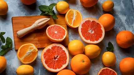       Top view of whole and cut citrus fruits, fruits: orange, lemon, grapefruit. Decorated with...