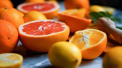       Close-up of whole and cut citrus fruits, fruits: orange, lemon, grapefruit. Decorated with...