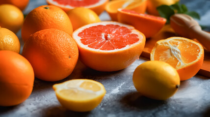       Close-up of whole and cut citrus fruits, fruits: orange, lemon, grapefruit. Decorated with pieces of mint. On a marbled gray background. Wooden juicer and a board with juice drops.  