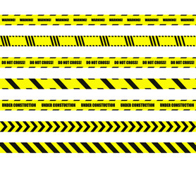 Vector Set of Dangerous Sign Stripes Ribbons, Cross Barrier Lines, Yellow and Black Colors.