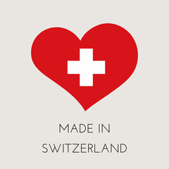 Heart shaped label with Swiss flag. Made in Switzerland sticker. Factory, manufacturing and production country concept. Vector stock illustration