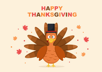 Happy Thanksgiving Celebration with Cartoon Turkey, Leaves, Chicken, Pumpkin and Other For Decoration or Background Vector Illustration