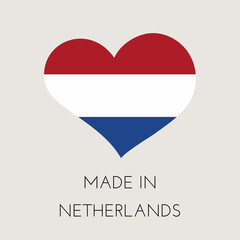 Heart shaped label with Netherlands flag. Made in Netherlands Sticker. Factory, manufacturing and production country concept. Vector stock illustration