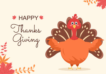 Happy Thanksgiving Celebration with Cartoon Turkey, Leaves, Chicken, Pumpkin and Other For Decoration or Background Vector Illustration