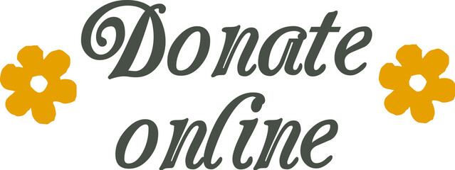 DONATE ONLINE ornate lettering with flower like graphic elements. Donation header with words DOnate now.