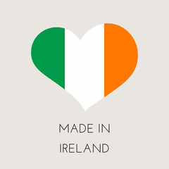 Heart shaped label with Irish flag. Made in Ireland Sticker. Factory, manufacturing and production country concept. Vector stock illustration