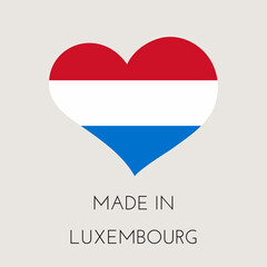 Heart shaped label with Luxembourgish flag. Made in Luxembourg Sticker. Factory, manufacturing and production country concept. Vector stock illustration