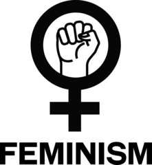 Feminism sign wigh clenched fist, feminine circle symbol and word Feminism next to it.