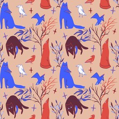 Halloween seamless pattern with wolfs, crows and plants