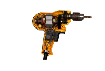 detachable used electric drill on white background The lid opens to reveal the internal components that include the motor, gear and switch.