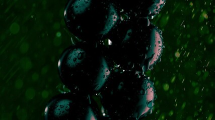 Close up, detail black ripe tomatoes on a branch in watering by droplets. Green background in soft studio lighting. Macro shot of vegetables in drops and splashes of water. Slow motion. - Powered by Adobe