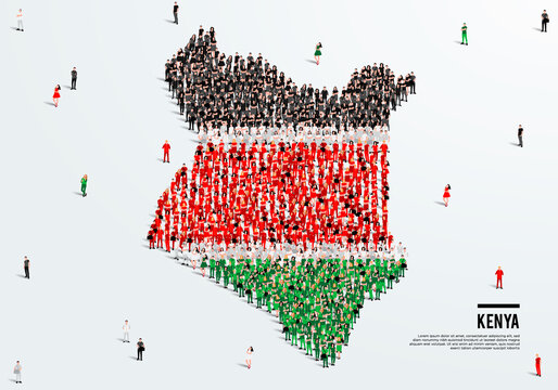 Kenya Map and Flag. A large group of people in the Kenyan flag color form to create the map. Vector Illustration.