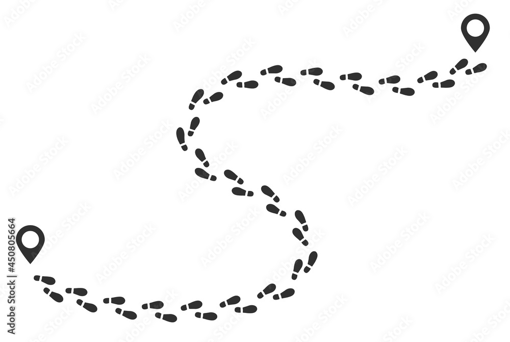 Poster footprint trail, human walking route, footsteps track. shoe print path with gps pointers. boot shoes