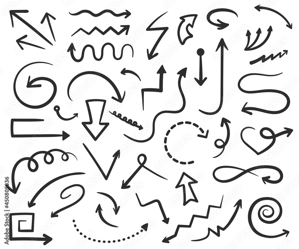 Poster hand drawn arrows doodles, black arrow drawing. straight and curved pointers, up or down direction l