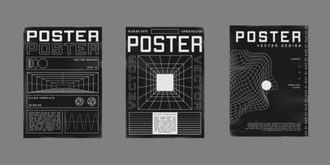 Set of retrofuturistic design posters. Cyberpunk 80s style posters with perspective grid tunnel, and liquid distorted grid. Shabby scratched flyer template for your design. Vector