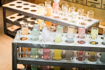 Laboratory with tubes and reagents. Practical chemistry classes.