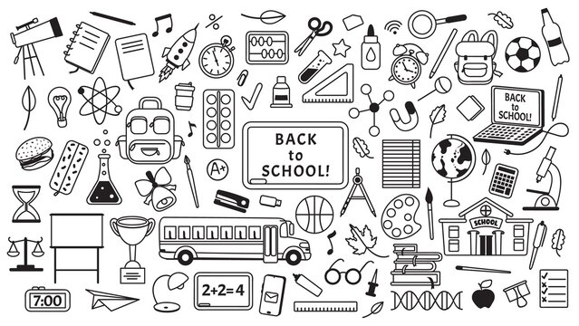School doodles drawings, hand drawn kids education elements. School supplies and stationery, books, laptop, backpack sketch doodle Vector set. Elementary and secondary school objects