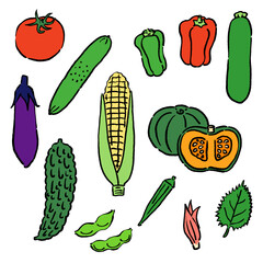 墨絵風の夏の野菜のベクターイラストのセット