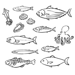 墨絵風の旬の魚のベクターイラストセット