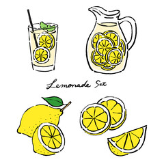墨絵風のレモンとレモネードのベクターイラストのセット