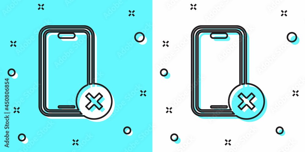 Poster black line no cell phone icon isolated on green and white background. no talking and calling sign. c