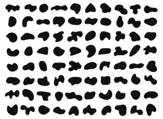 Abstract organic liquid shapes, black random blobs. Irregular bubble shape form, splodge, spot. Fluid geometric element silhouette vector set. Asymmetric stones of unique uneven shapes
