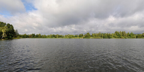 Summer fishing on the Desna river, beautiful panorama.