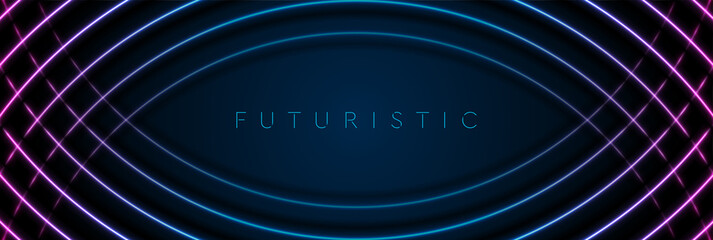 Neon blue purple glowing circular lines abstract futuristic background. Vector banner design