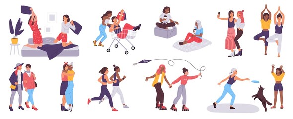 Fototapeta na wymiar Women friends spend time together, female friendship concept. Happy girl friends having sleepover, hugging, taking selfie vector set. Characters doing shopping, playing frisbee with dog